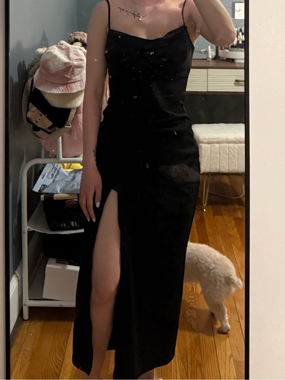Cow Neck Black Slip Ruched Midi Dress with Side Thigh Slit